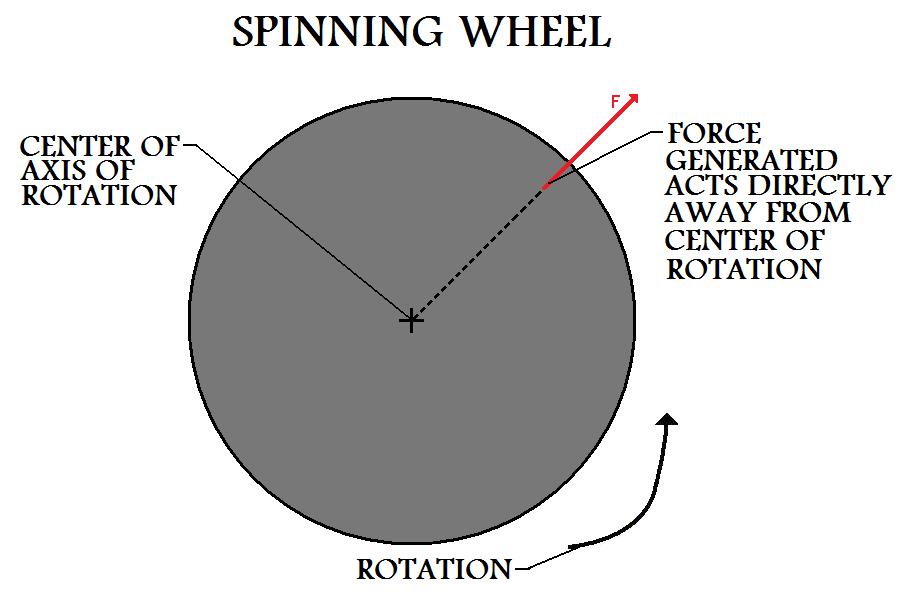 Force 
Vector On Spinning Wheel Shows That Centripetal Force Generated Acts Directly 
Away From Center